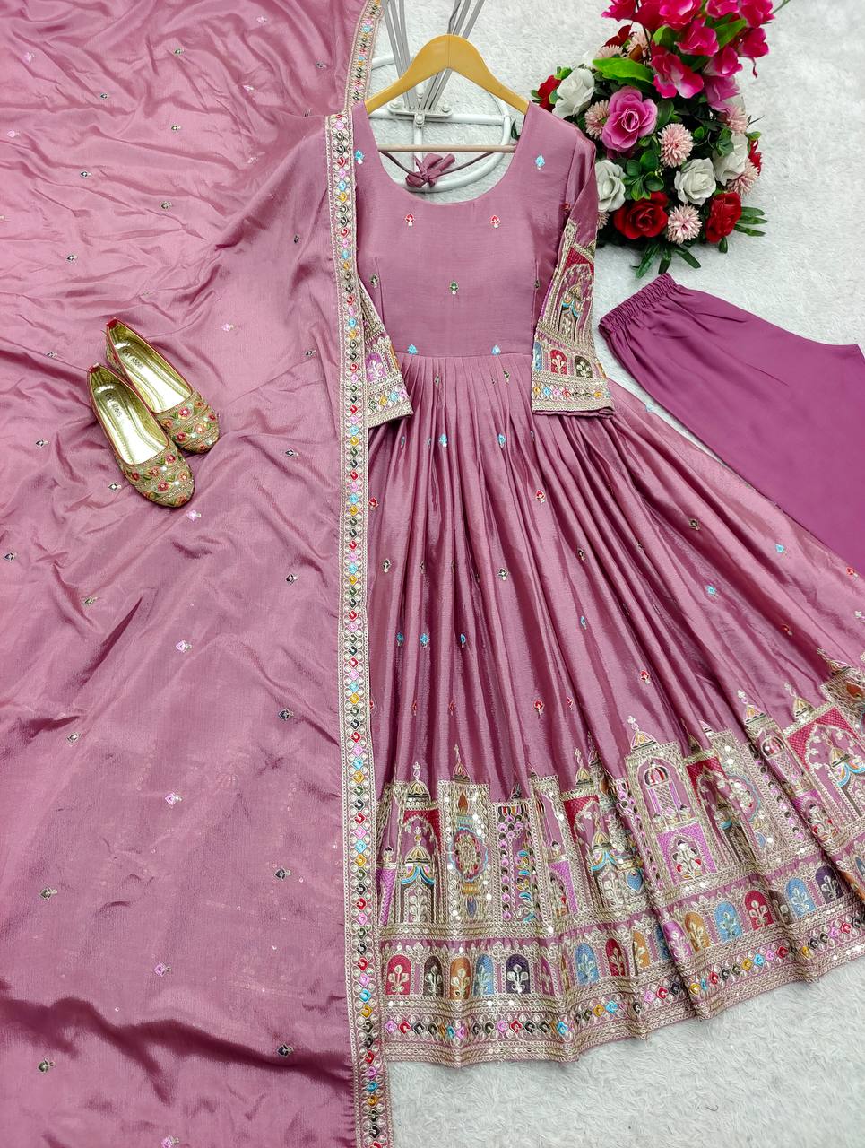 Elegant Cinon Silk Embroidered Gown Set with Pant & Dupatta