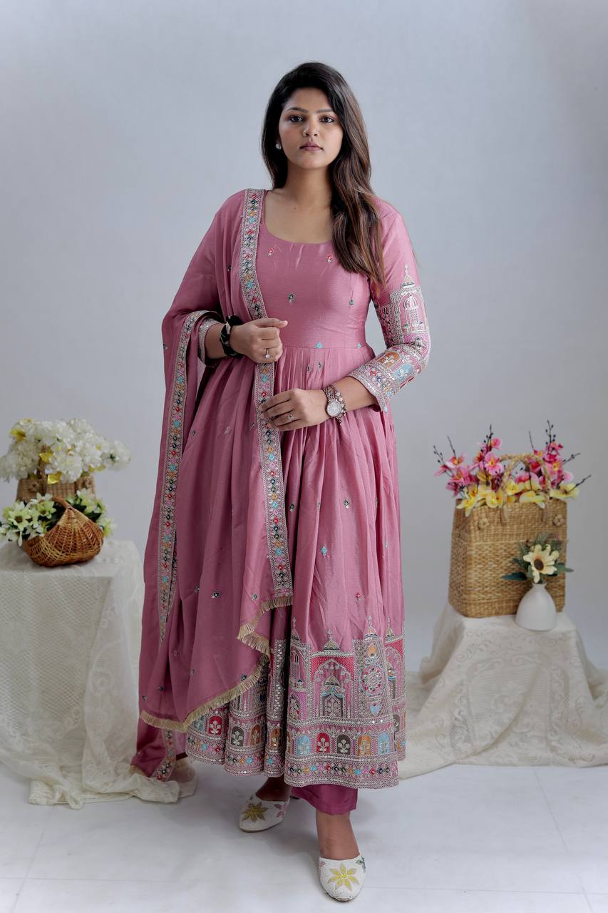 Elegant Cinon Silk Embroidered Gown Set with Pant & Dupatta