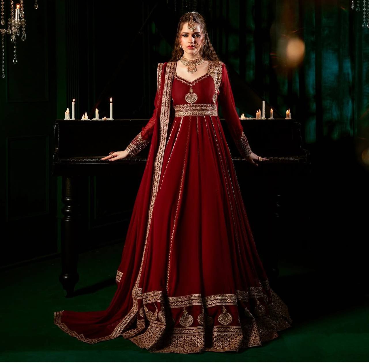 Fox Georgette Embroidered Gown Set with Pant & Dupatta
