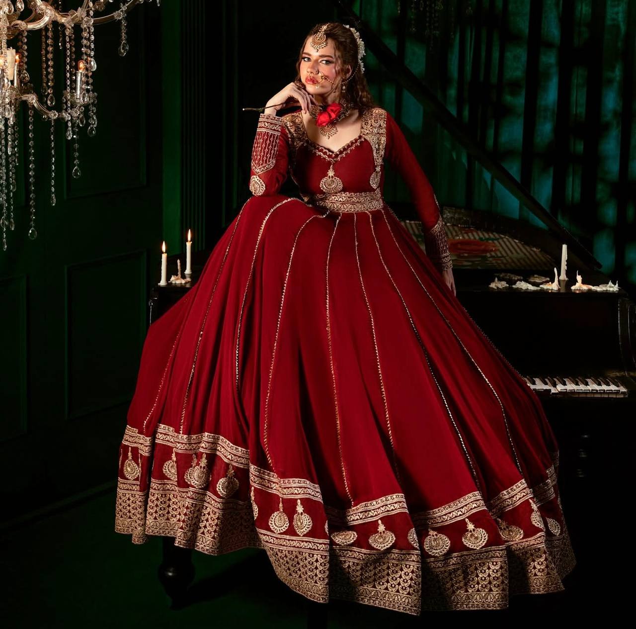 Fox Georgette Embroidered Gown Set with Pant & Dupatta