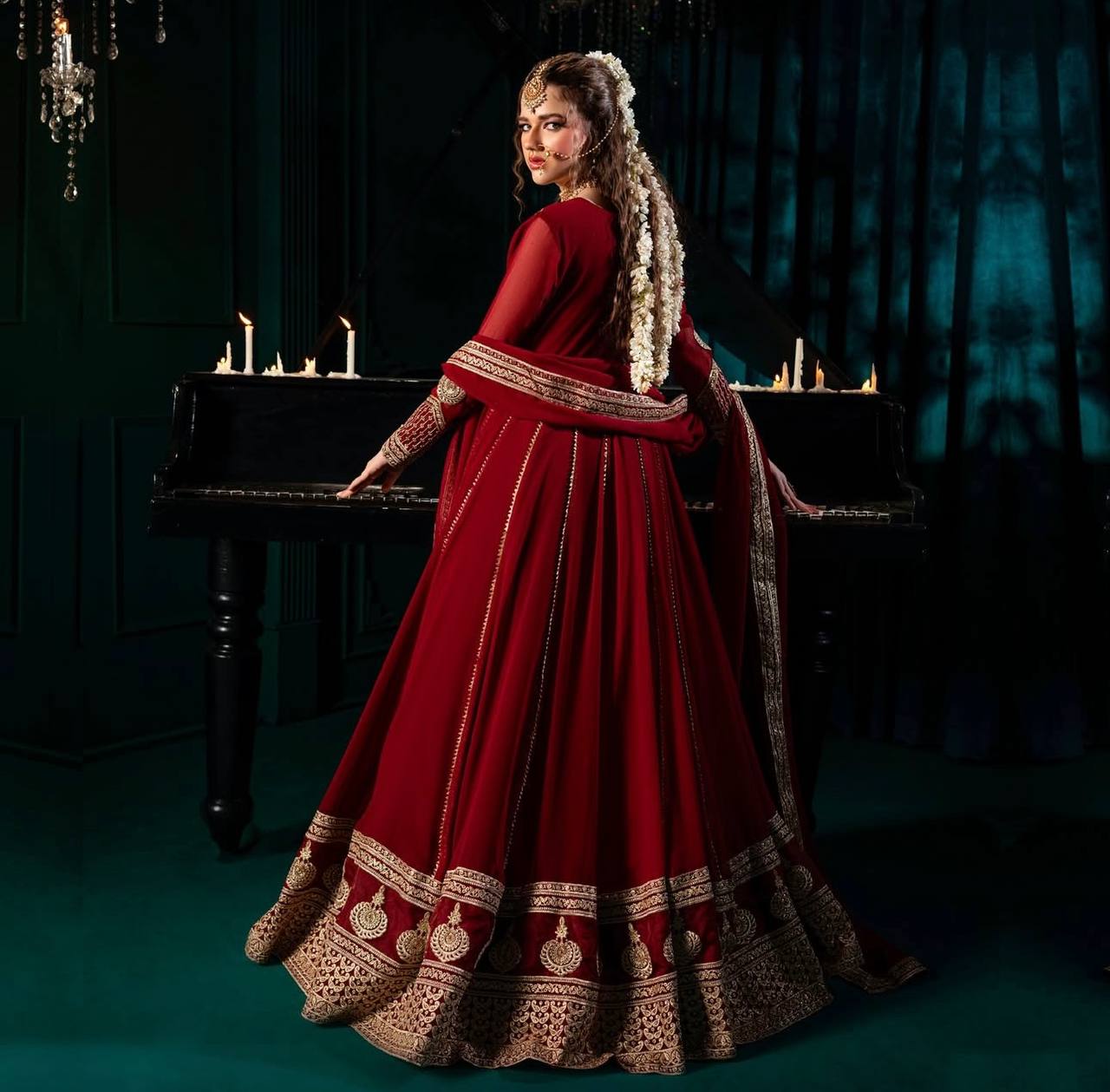 Fox Georgette Embroidered Gown Set with Pant & Dupatta