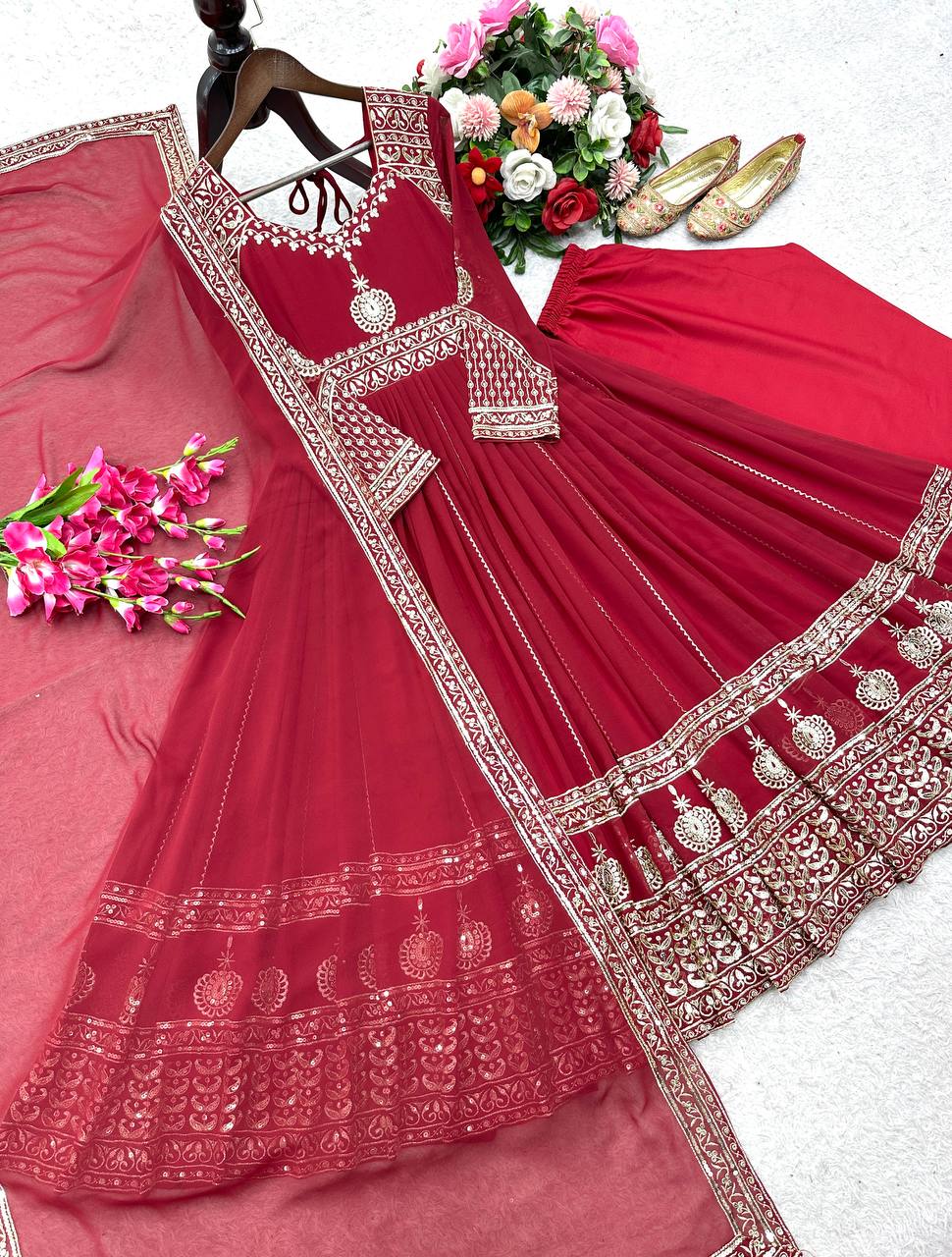 Fox Georgette Embroidered Gown Set with Pant & Dupatta
