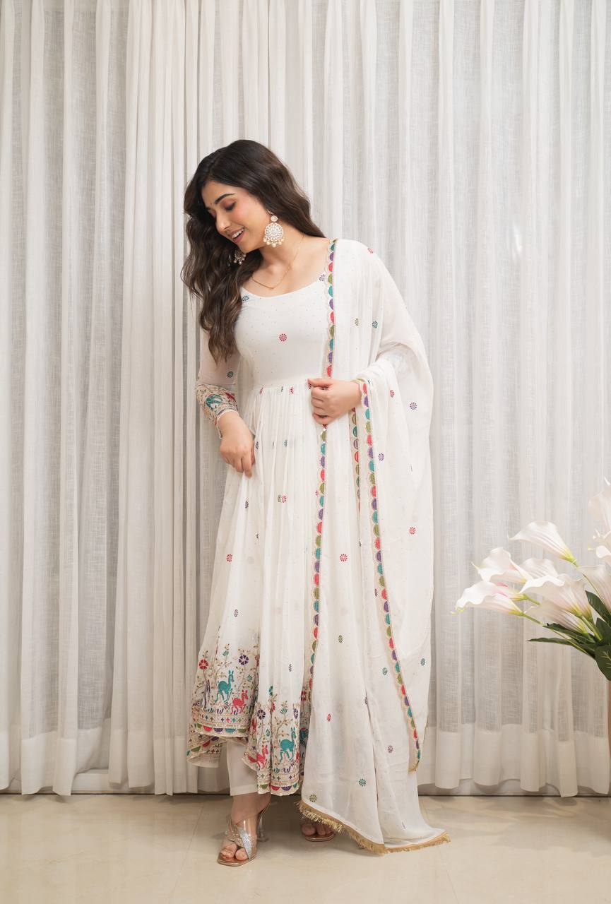 Fox Georgette Embroidered Gown Set with Swarovski Diamond Work, Pant & Dupatta