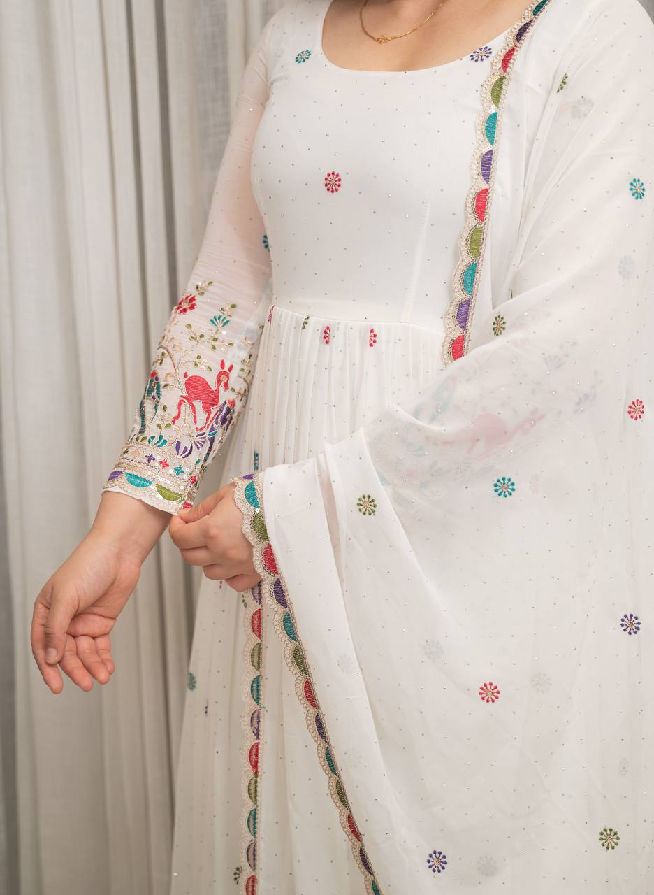 Fox Georgette Embroidered Gown Set with Swarovski Diamond Work, Pant & Dupatta