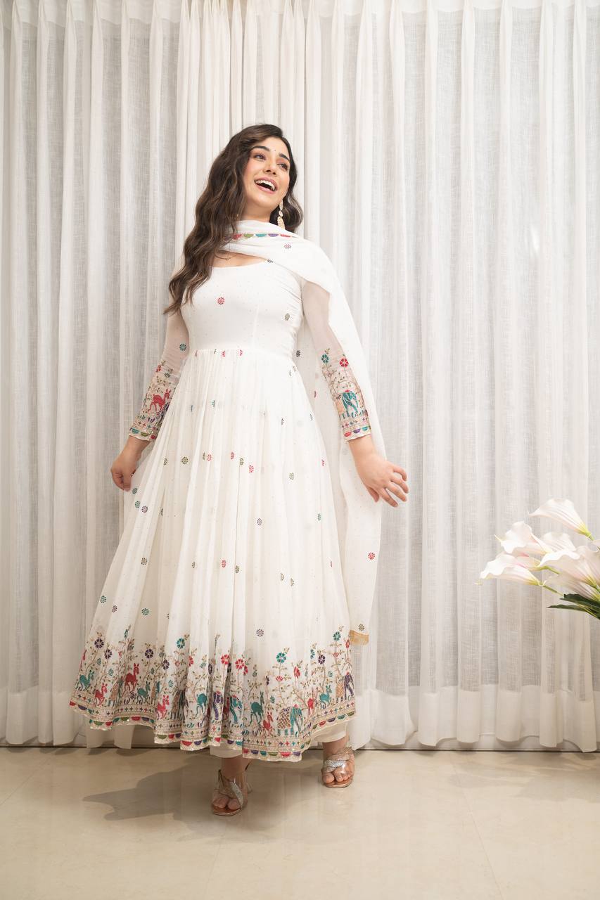 Fox Georgette Embroidered Gown Set with Swarovski Diamond Work, Pant & Dupatta