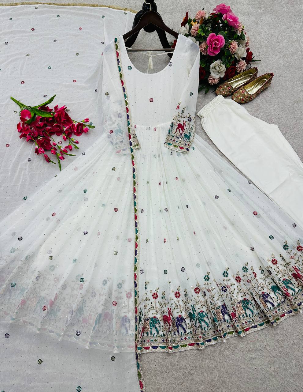 Fox Georgette Embroidered Gown Set with Swarovski Diamond Work, Pant & Dupatta