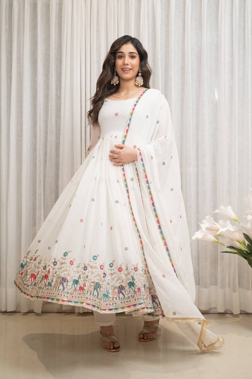 Fox Georgette Embroidered Gown Set with Swarovski Diamond Work, Pant & Dupatta