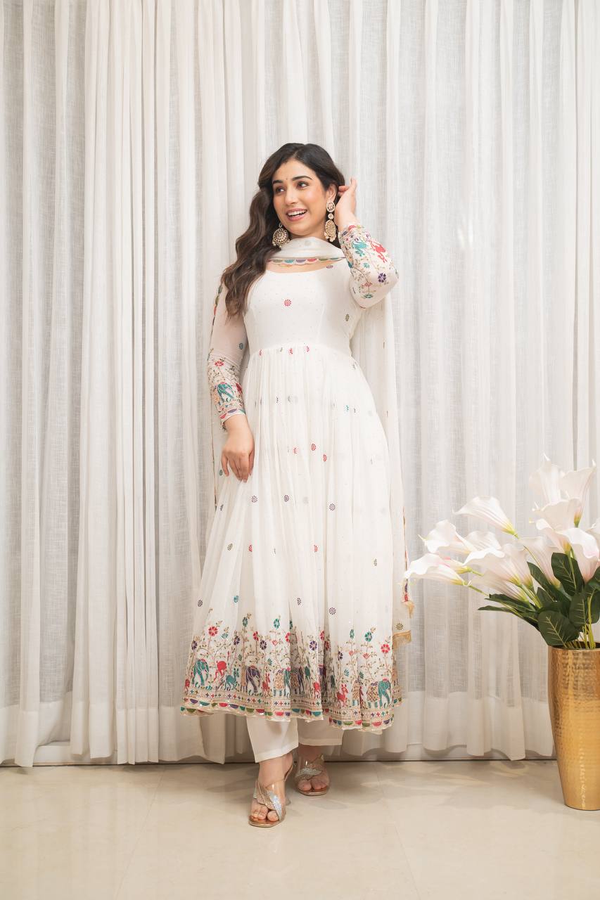 Fox Georgette Embroidered Gown Set with Swarovski Diamond Work, Pant & Dupatta