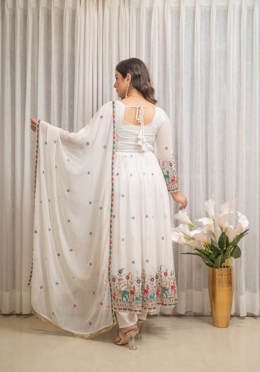Fox Georgette Embroidered Gown Set with Swarovski Diamond Work, Pant & Dupatta