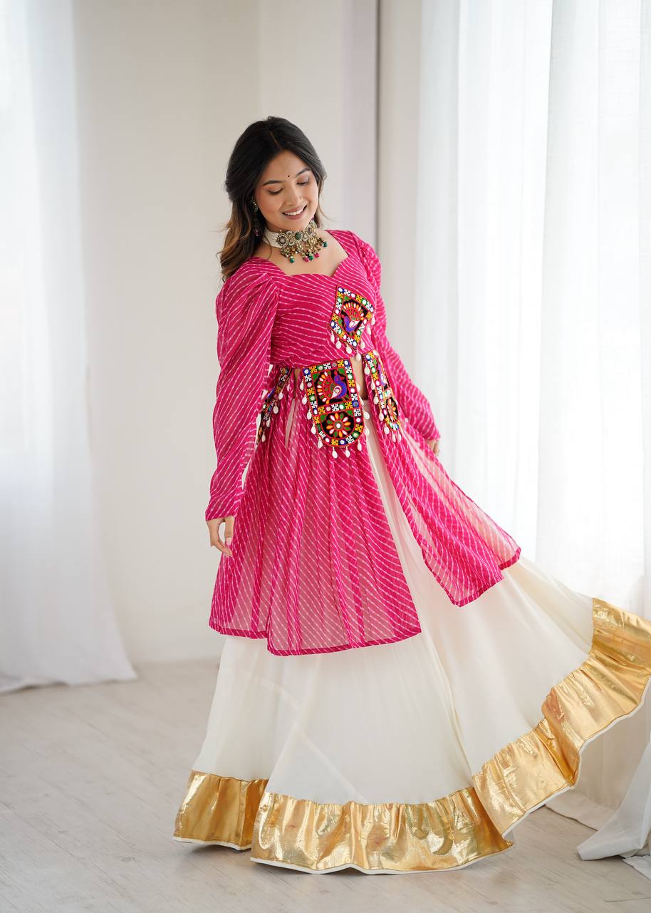 Pink Faux Georgette Designer Kurti Style Top with White Butter Silk Lehenga | 4-Meter Flair | Ready-to-Wear Set