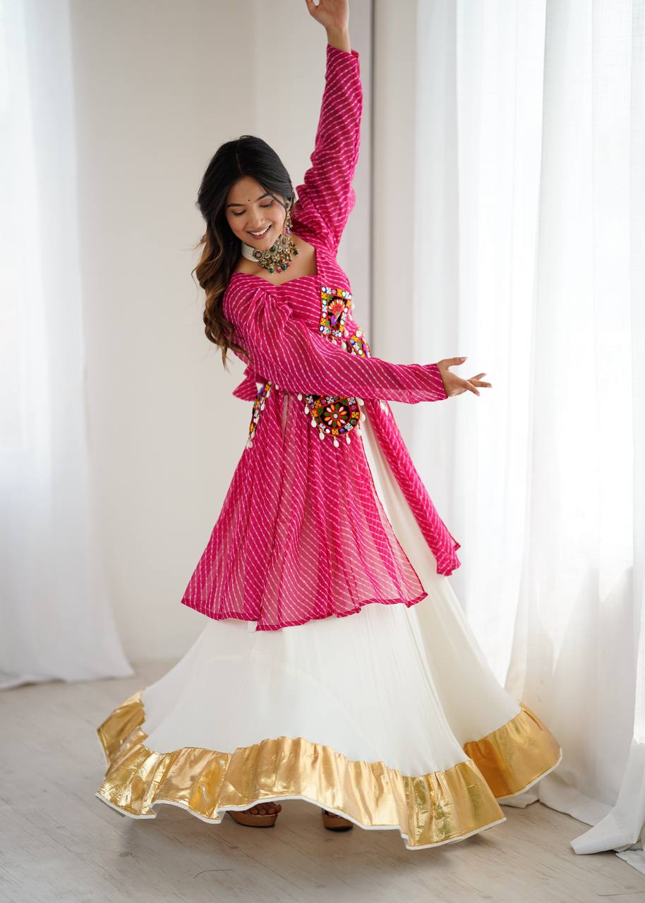 Pink Faux Georgette Designer Kurti Style Top with White Butter Silk Lehenga | 4-Meter Flair | Ready-to-Wear Set