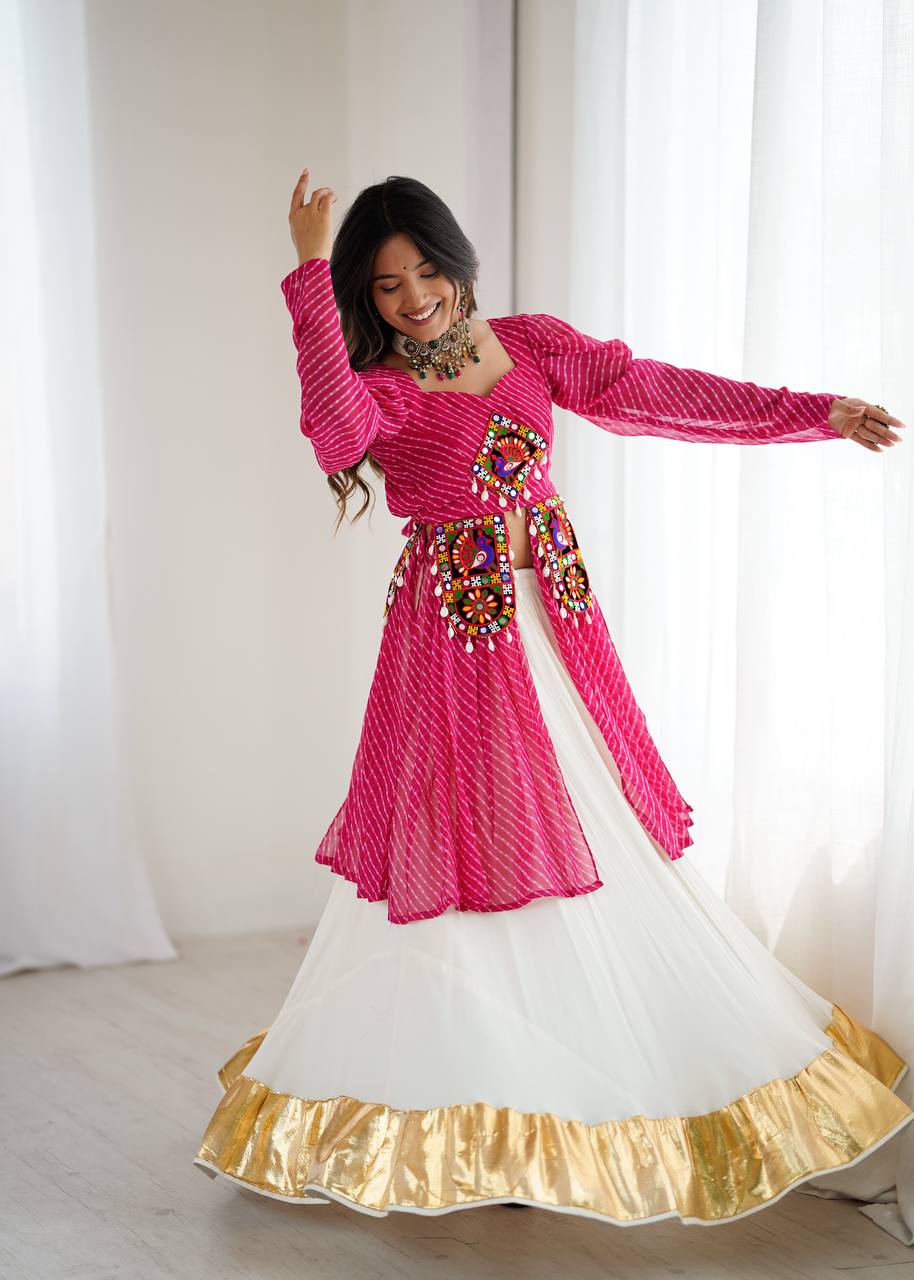 Pink Faux Georgette Designer Kurti Style Top with White Butter Silk Lehenga | 4-Meter Flair | Ready-to-Wear Set