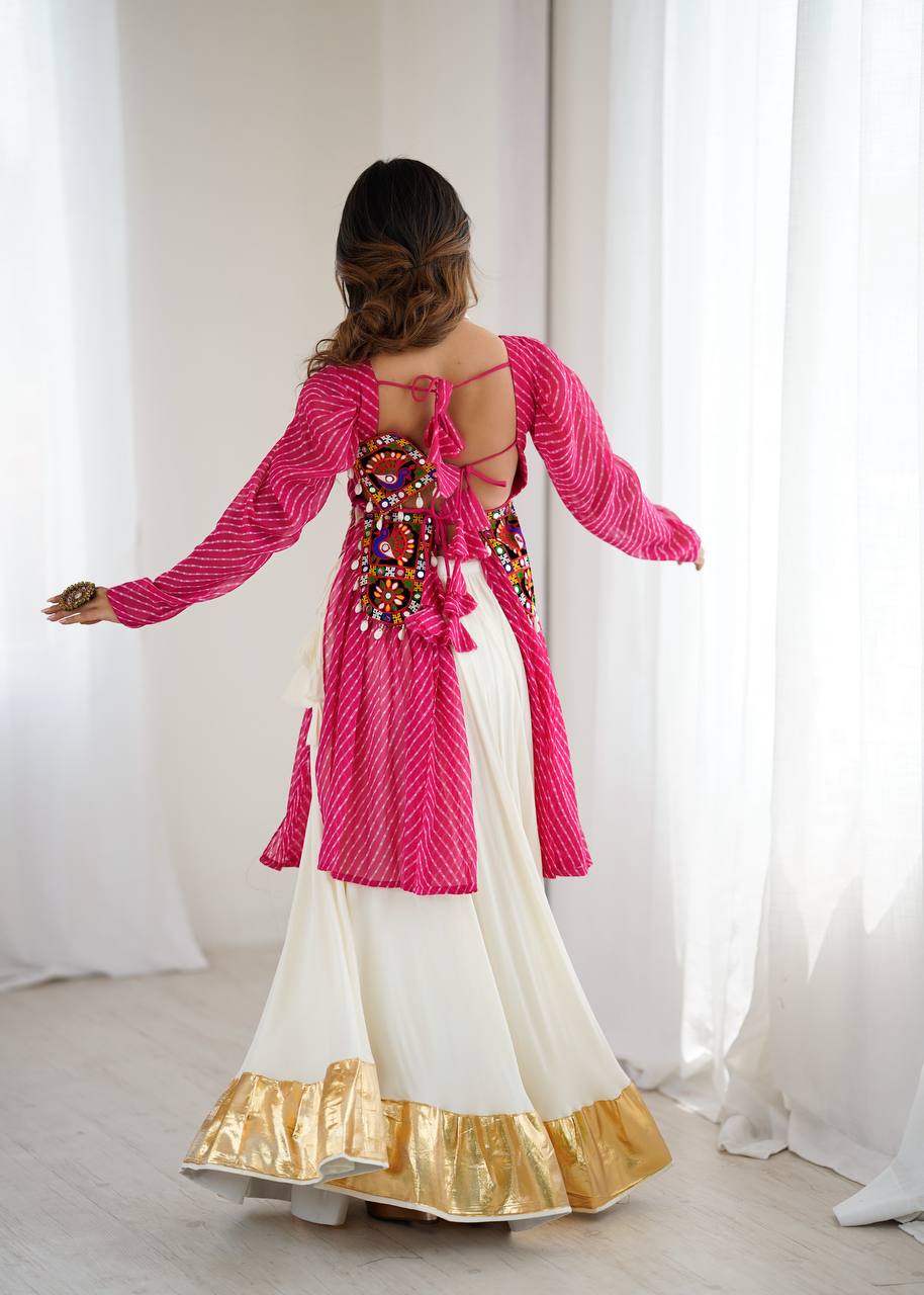 Pink Faux Georgette Designer Kurti Style Top with White Butter Silk Lehenga | 4-Meter Flair | Ready-to-Wear Set