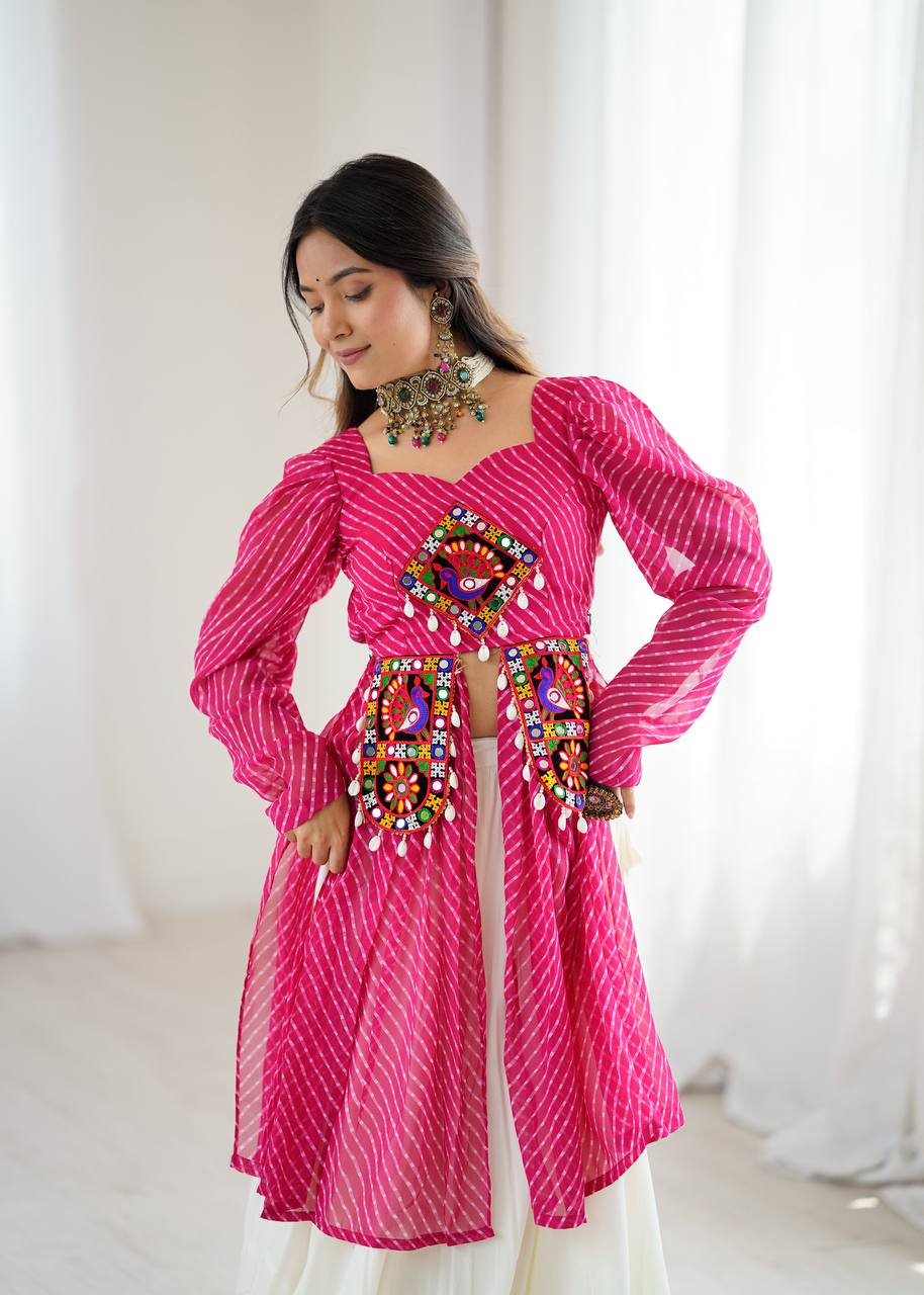 Pink Faux Georgette Designer Kurti Style Top with White Butter Silk Lehenga | 4-Meter Flair | Ready-to-Wear Set