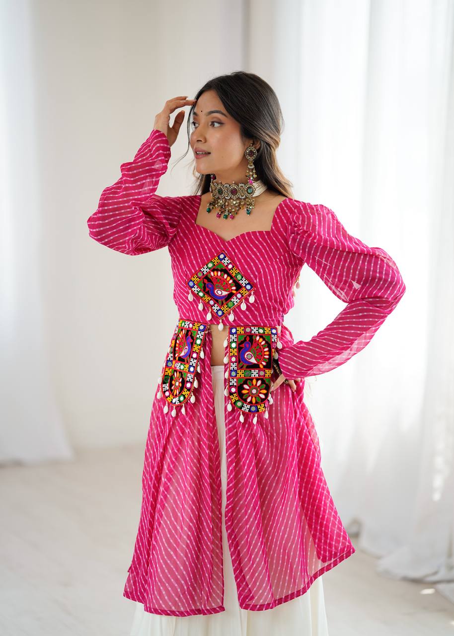 Pink Faux Georgette Designer Kurti Style Top with White Butter Silk Lehenga | 4-Meter Flair | Ready-to-Wear Set