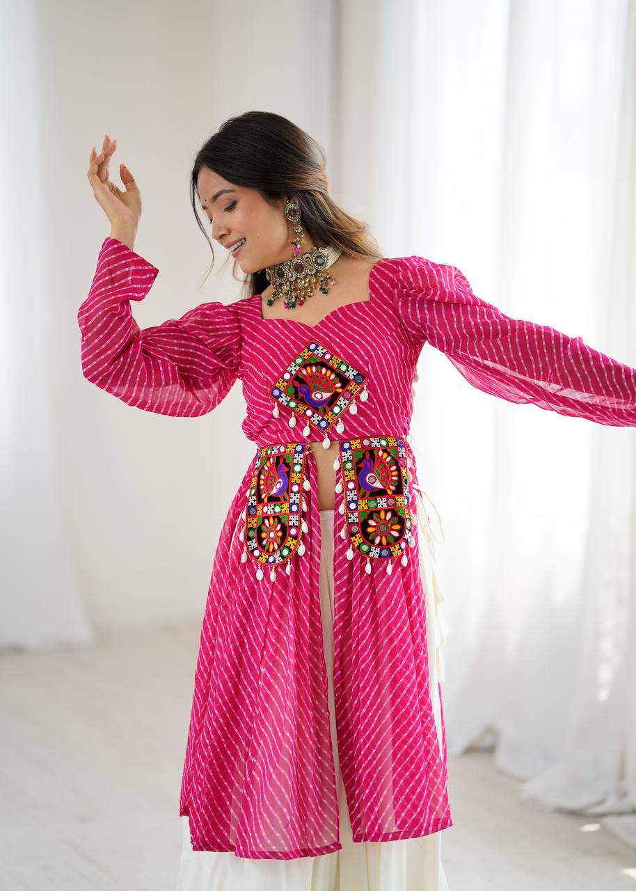 Pink Faux Georgette Designer Kurti Style Top with White Butter Silk Lehenga | 4-Meter Flair | Ready-to-Wear Set