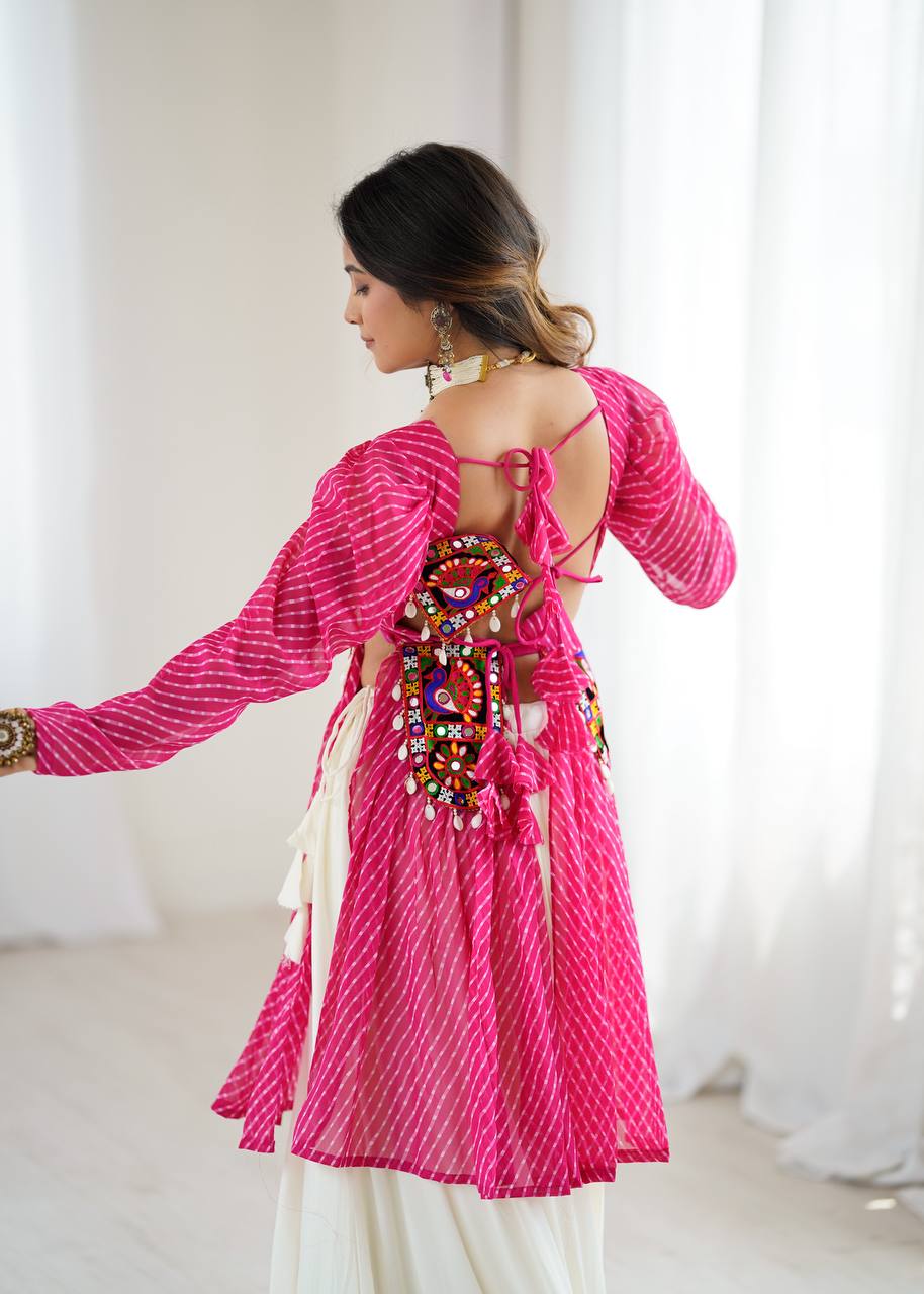 Pink Faux Georgette Designer Kurti Style Top with White Butter Silk Lehenga | 4-Meter Flair | Ready-to-Wear Set