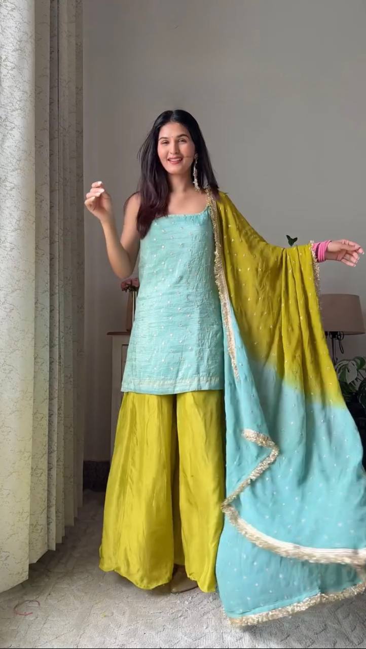 Premium Chinon Silk Kurta Set with Plazo & Sequins Work Dupatta – Craftle
