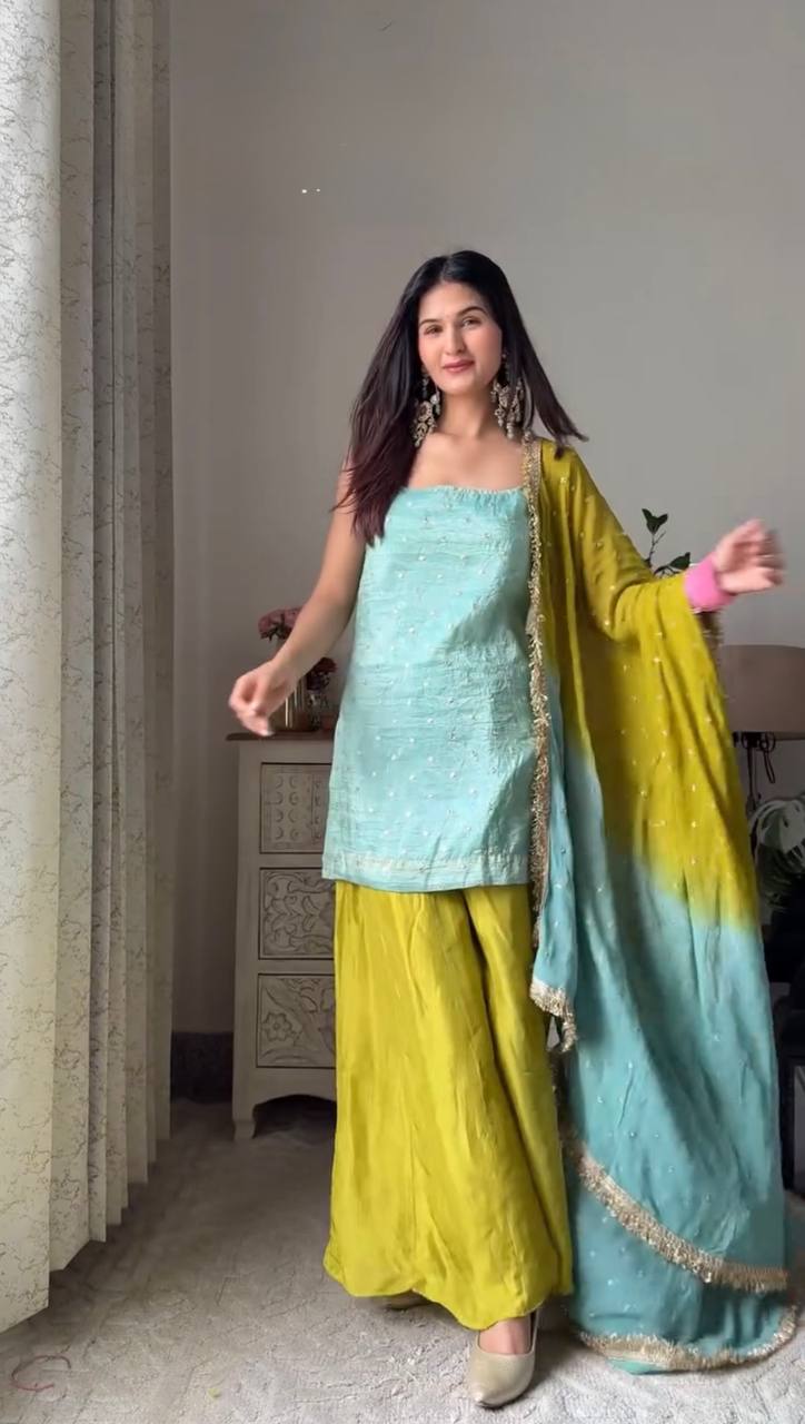 Premium Chinon Silk Kurta Set with Plazo & Sequins Work Dupatta – Craftle