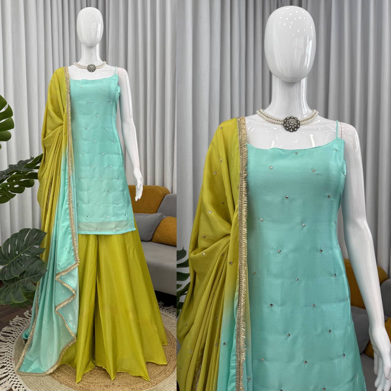 Premium Chinon Silk Kurta Set with Plazo & Sequins Work Dupatta – Craftle
