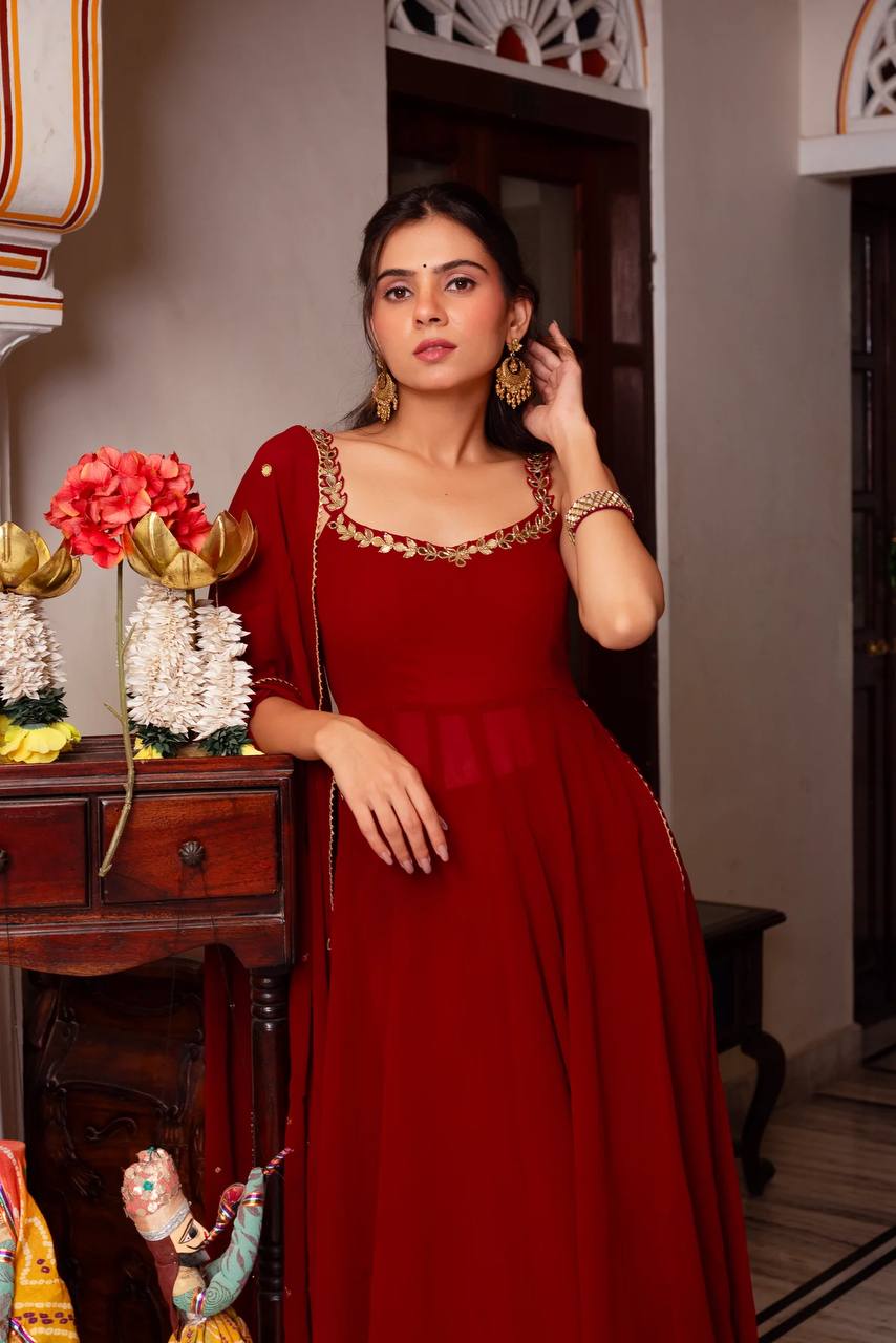 Premium Maroon Faux Georgette Handwork Sharara Set with Real Mirror Work
