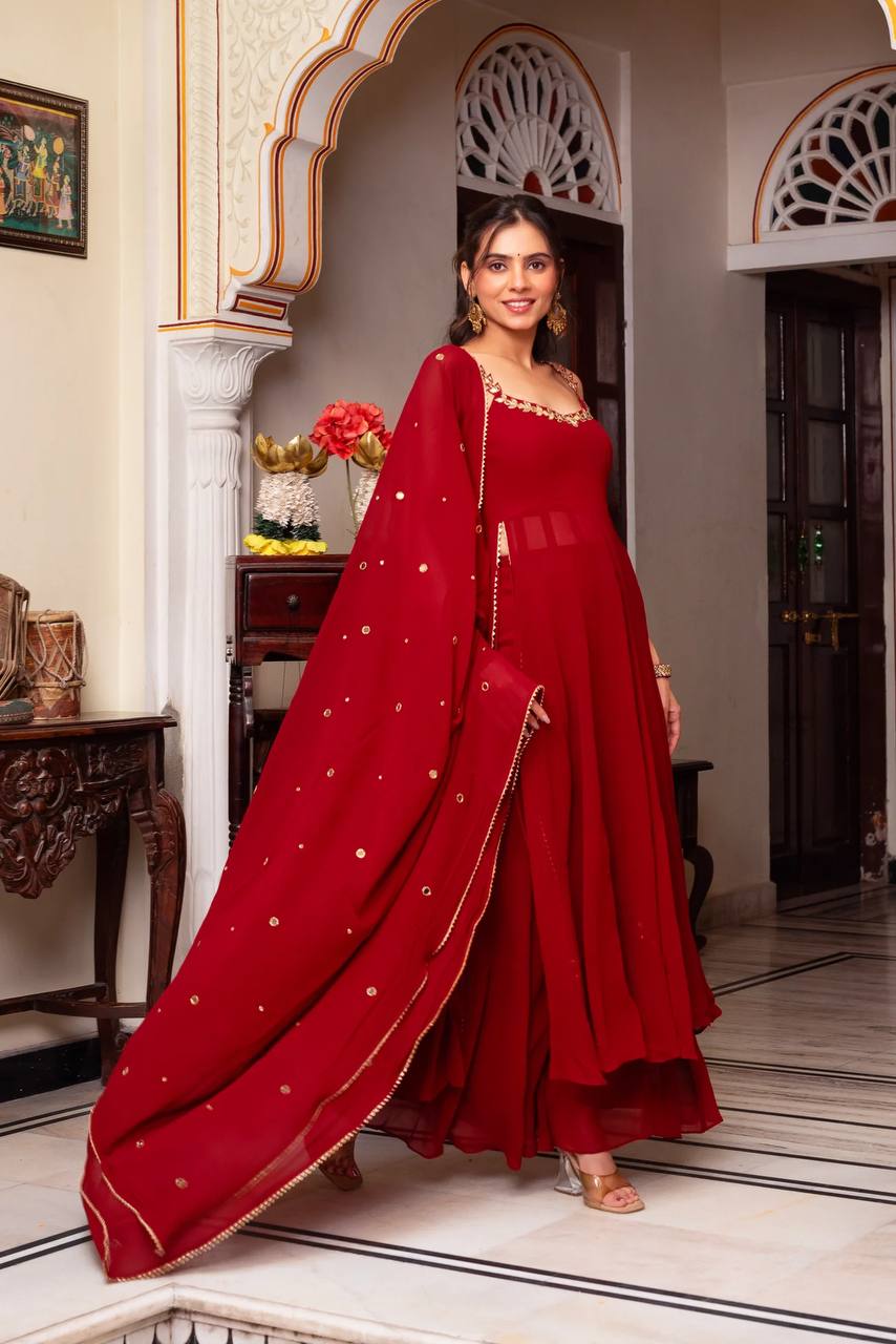 Premium Maroon Faux Georgette Handwork Sharara Set with Real Mirror Work