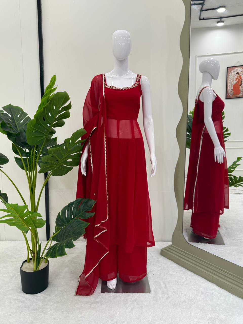 Premium Maroon Faux Georgette Handwork Sharara Set with Real Mirror Work