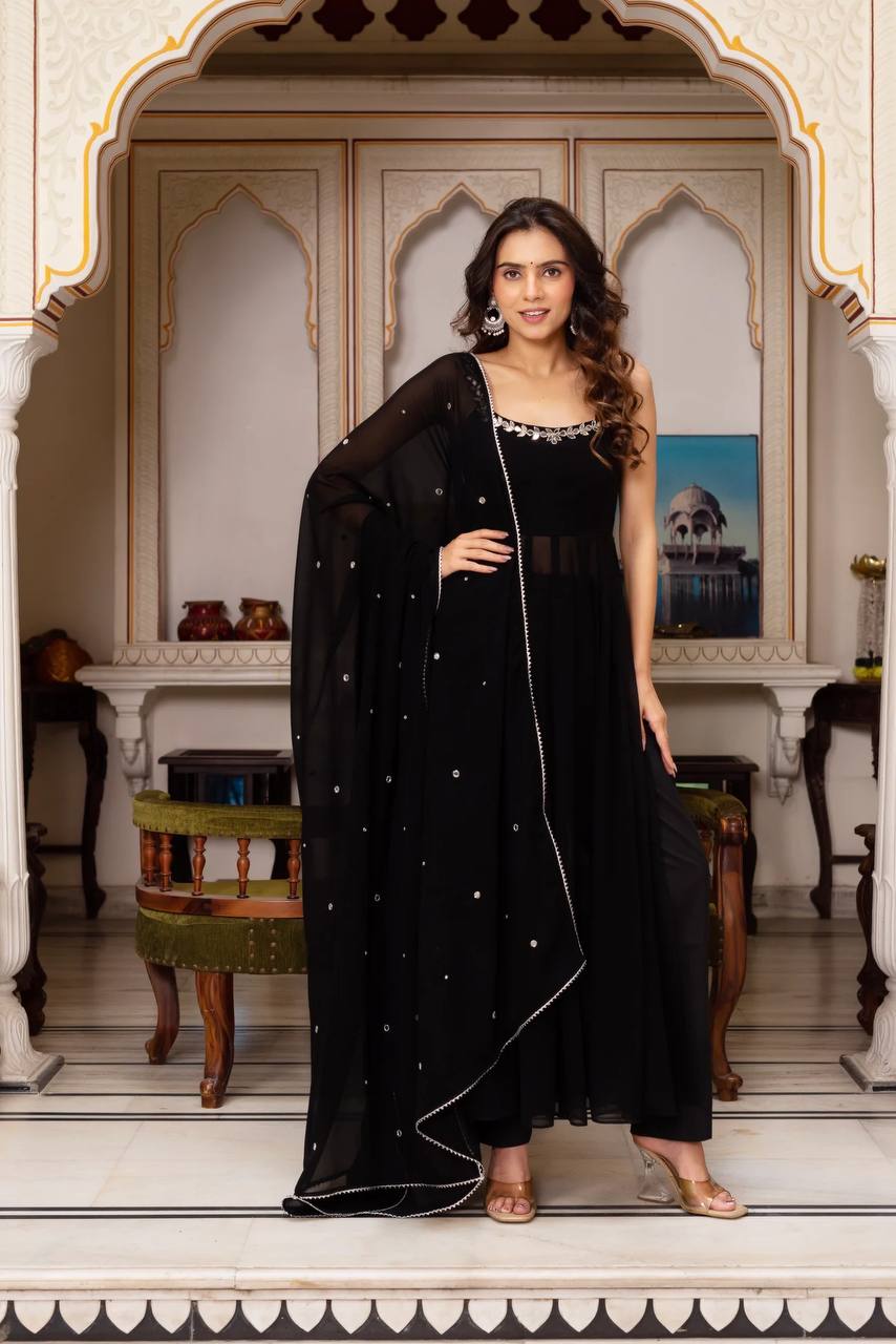 Elegant Black Faux Georgette Sharara Set with Real Mirror Handwork