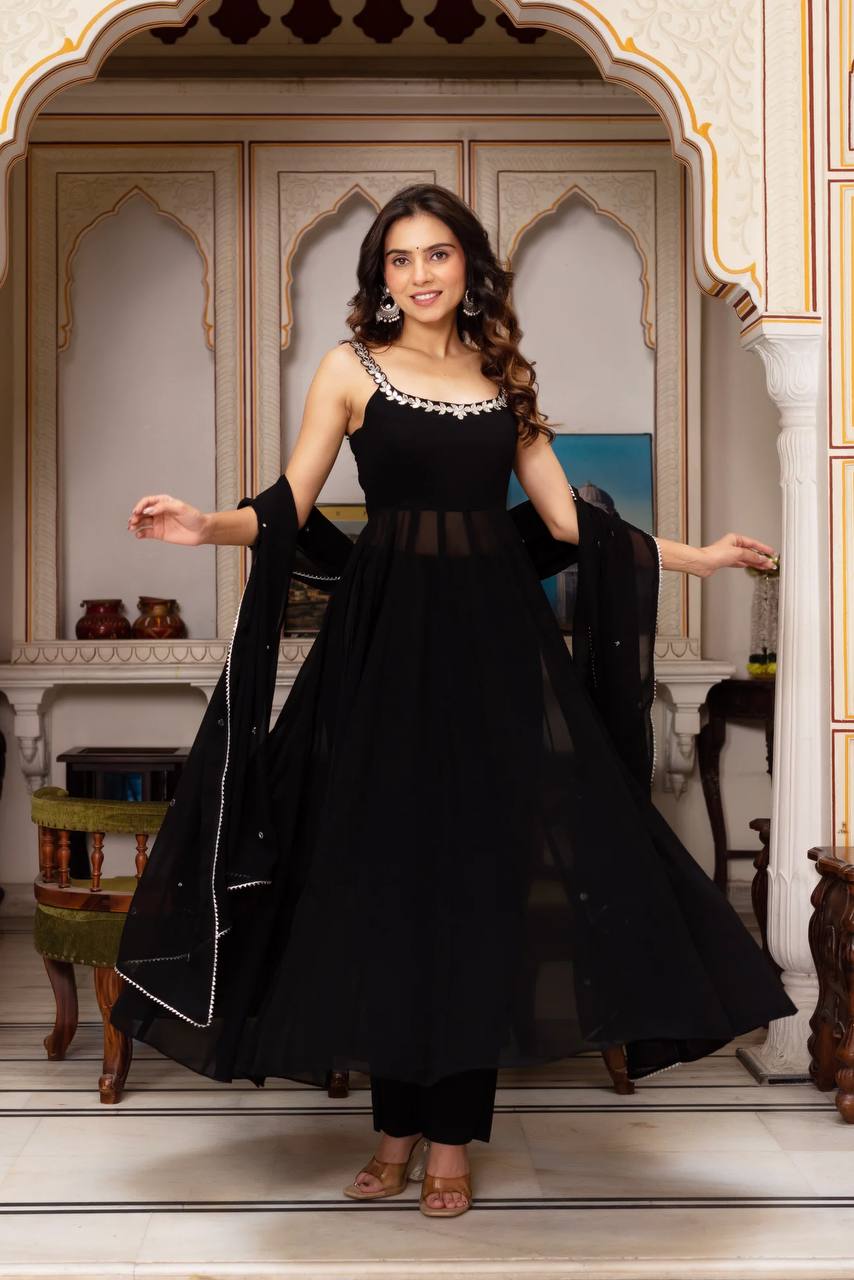 Elegant Black Faux Georgette Sharara Set with Real Mirror Handwork