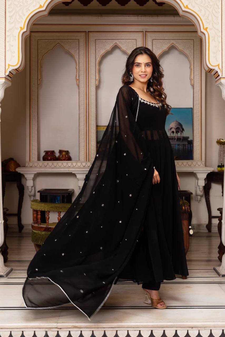 Elegant Black Faux Georgette Sharara Set with Real Mirror Handwork