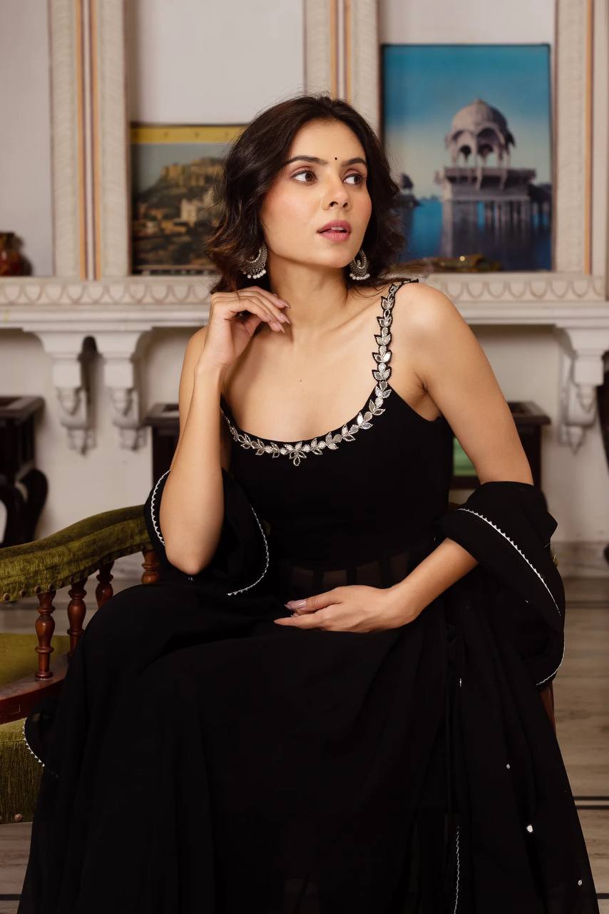 Elegant Black Faux Georgette Sharara Set with Real Mirror Handwork
