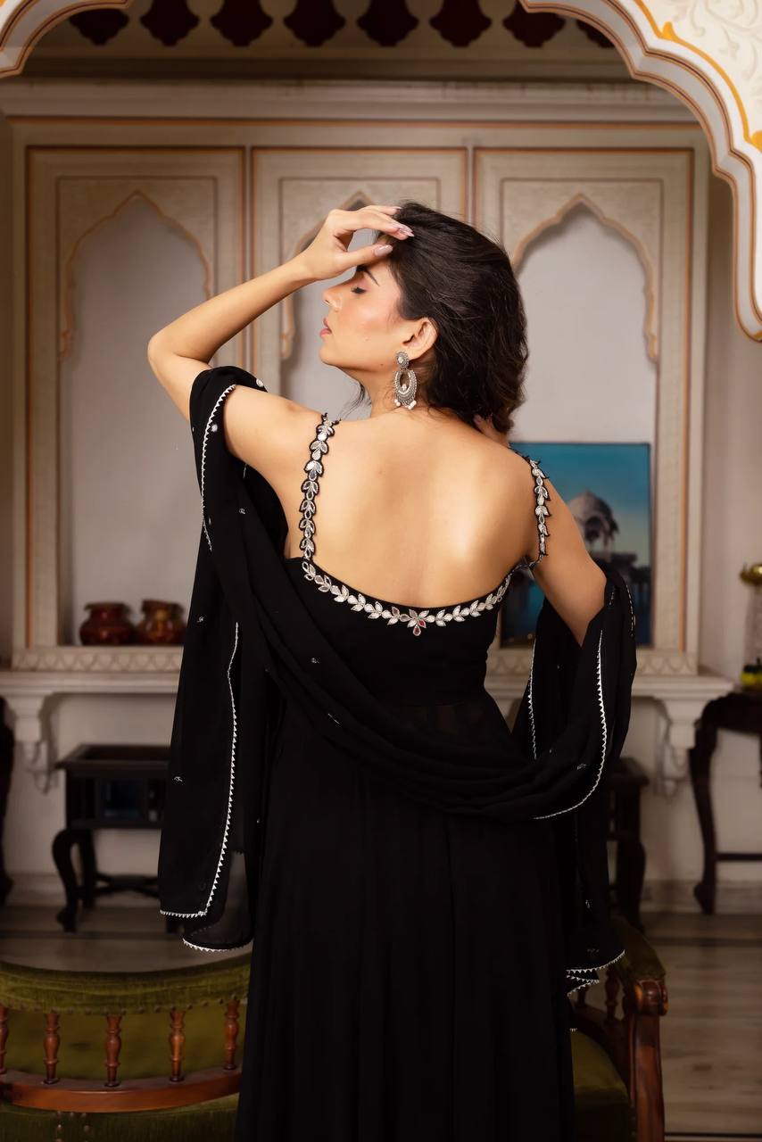 Elegant Black Faux Georgette Sharara Set with Real Mirror Handwork