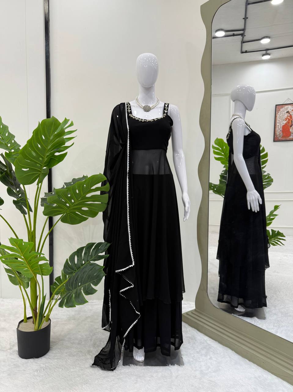Elegant Black Faux Georgette Sharara Set with Real Mirror Handwork