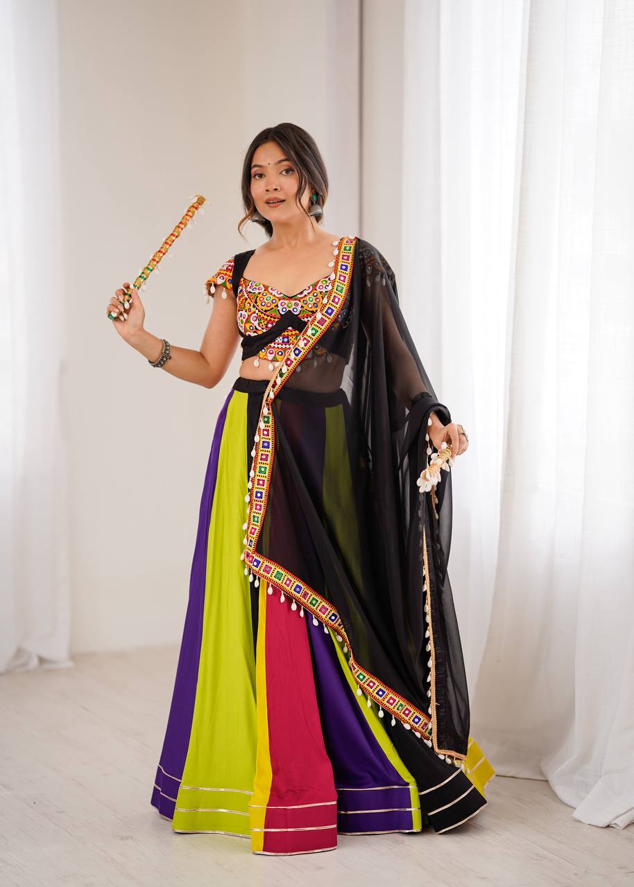 Gamthi Mirror Work Rayon Lehenga Choli with Georgette Dupatta