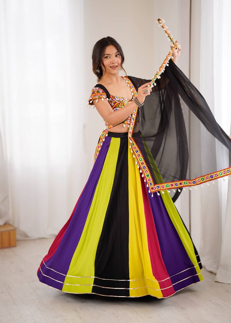 Gamthi Mirror Work Rayon Lehenga Choli with Georgette Dupatta