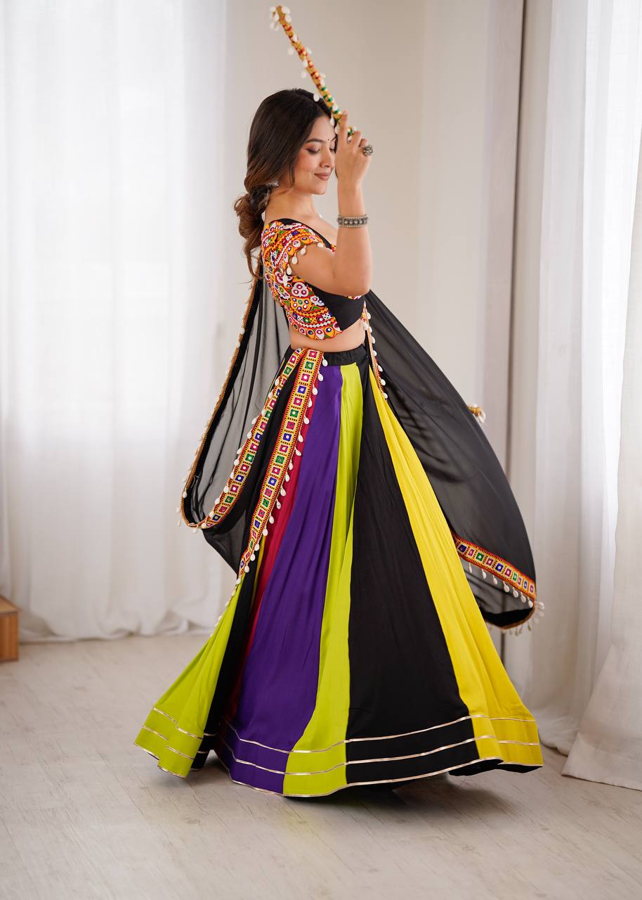 Gamthi Mirror Work Rayon Lehenga Choli with Georgette Dupatta