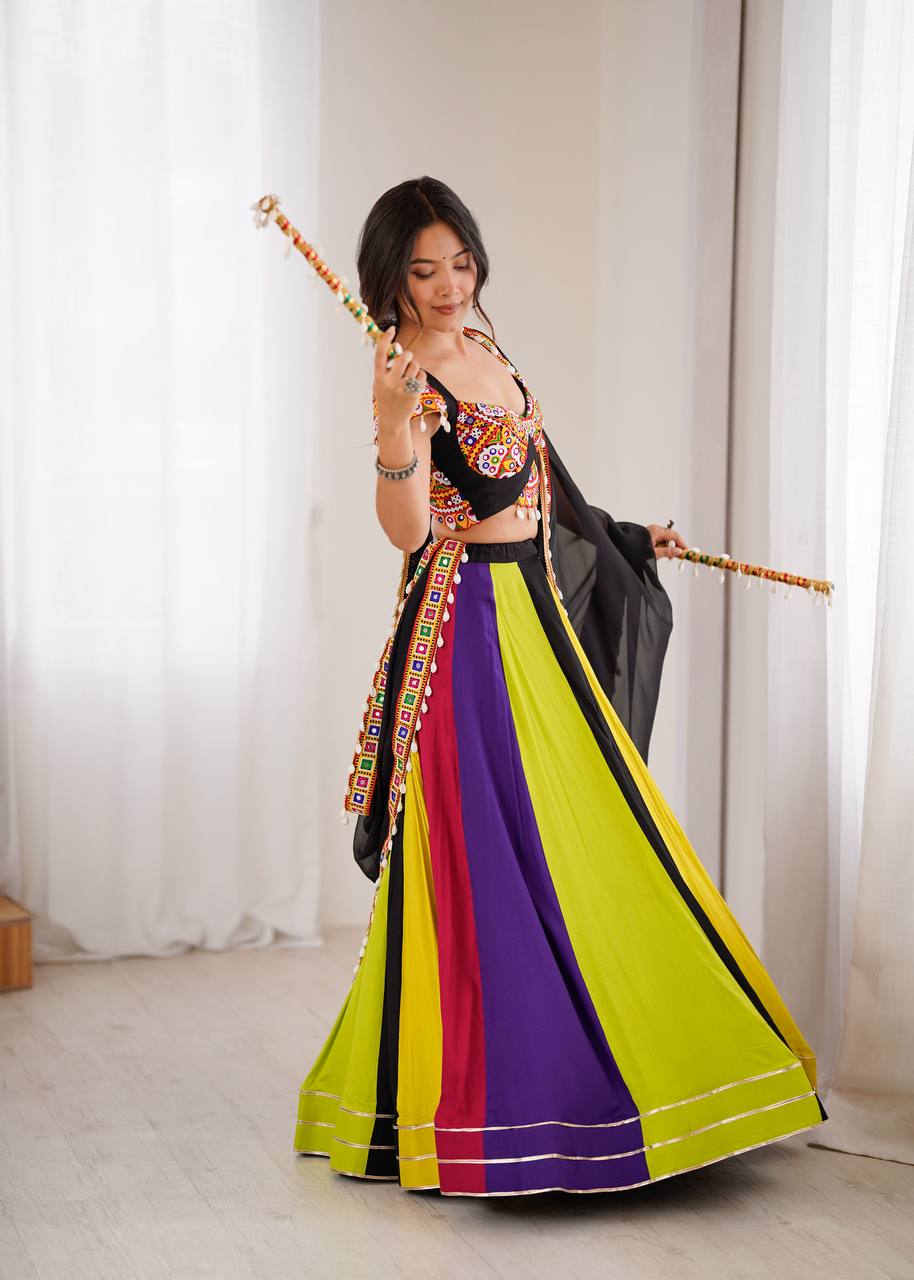 Gamthi Mirror Work Rayon Lehenga Choli with Georgette Dupatta