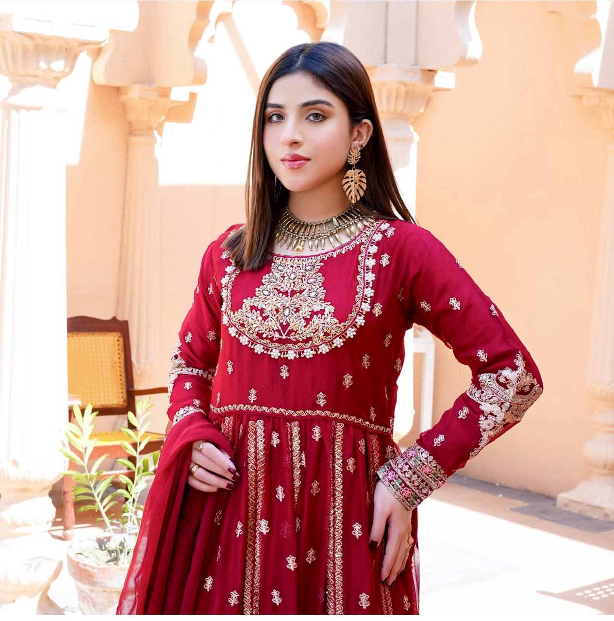 Blooming Georgette Embroidered Gown Set with Pant & Dupatta