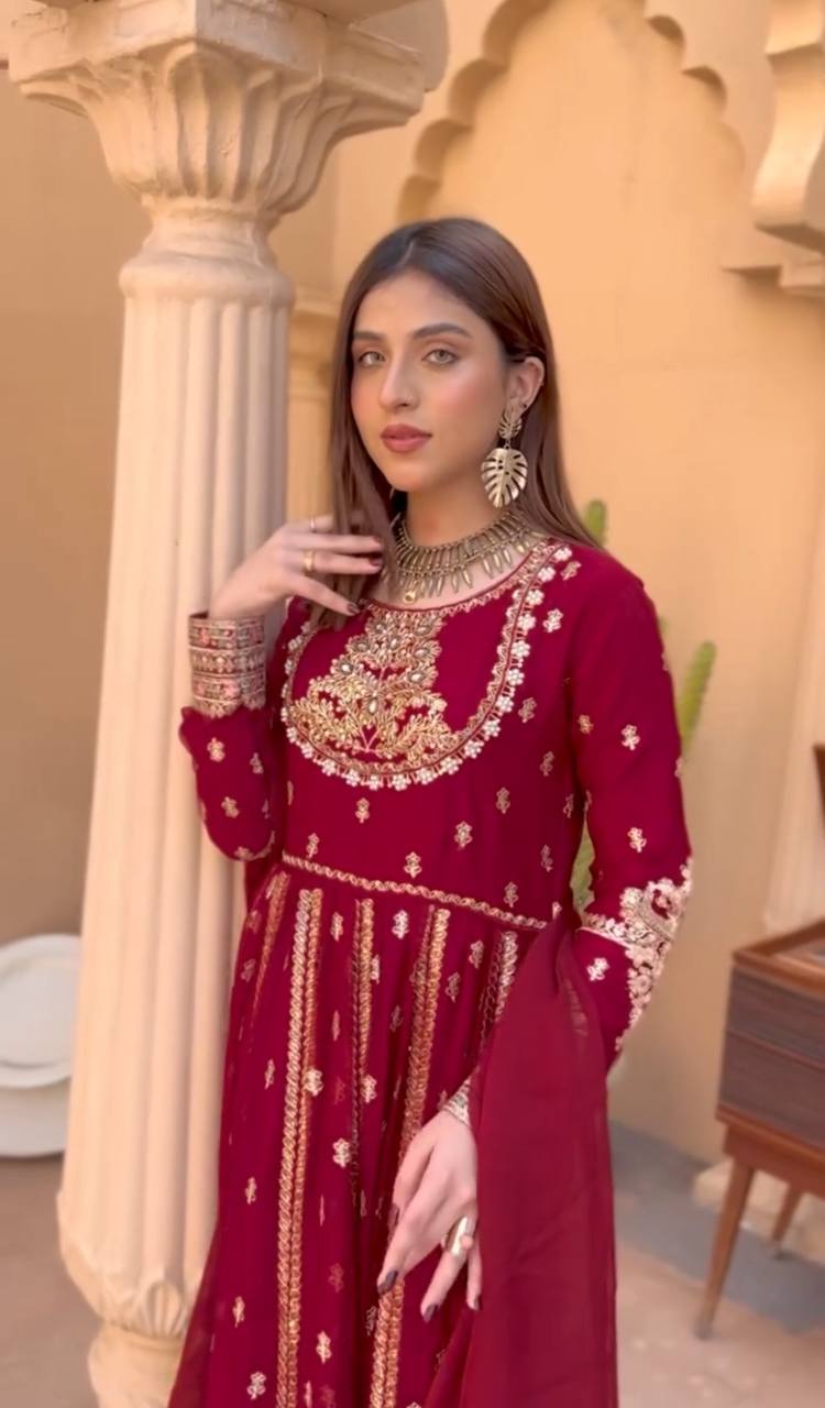 Blooming Georgette Embroidered Gown Set with Pant & Dupatta