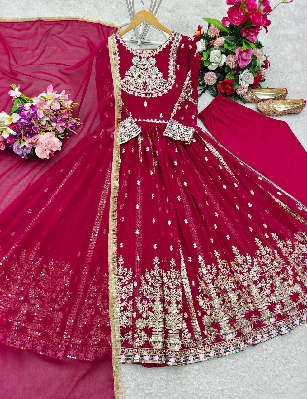 Blooming Georgette Embroidered Gown Set with Pant & Dupatta