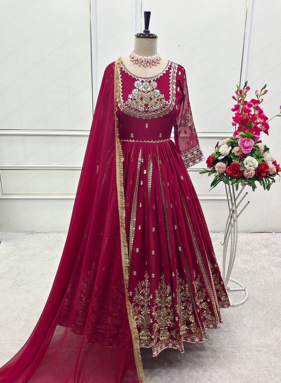 Blooming Georgette Embroidered Gown Set with Pant & Dupatta